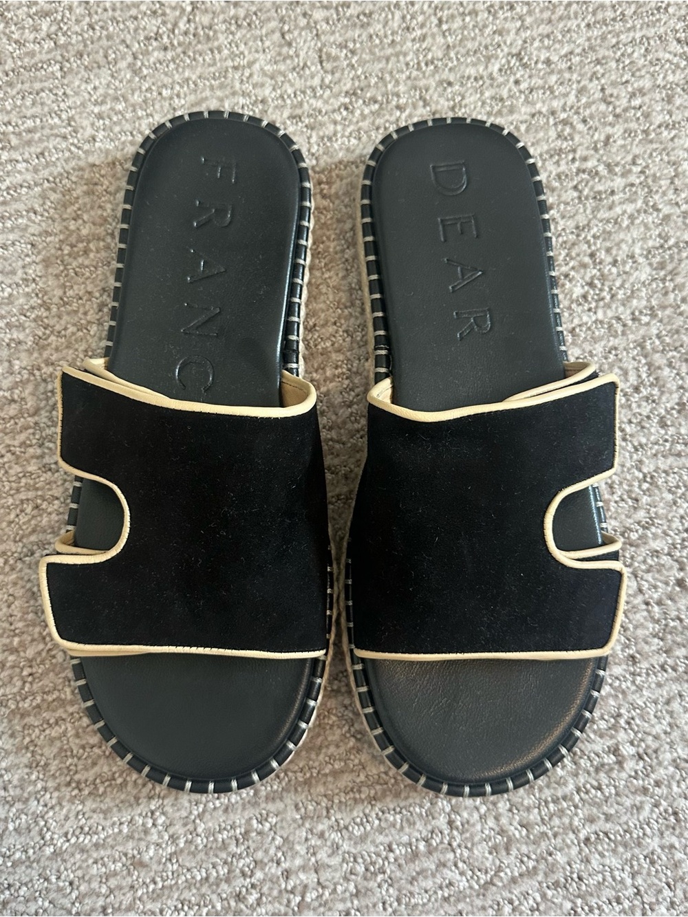 Dear Frances Black Suede Slide Sandals with Cream Trim